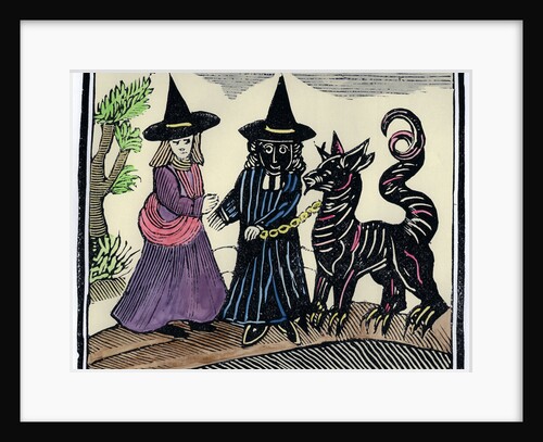 A black and a white witch with a devil animal by Unknown