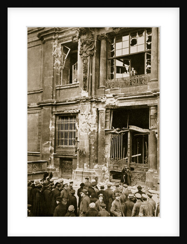 A crowd of men gathered in front of a ruined building, Germany by Unknown