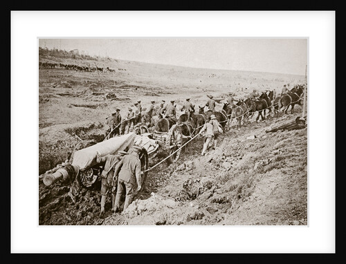 Pulling a big gun with a twelve horse team and the help of the gun crew, France, World War I, 1916 by Unknown