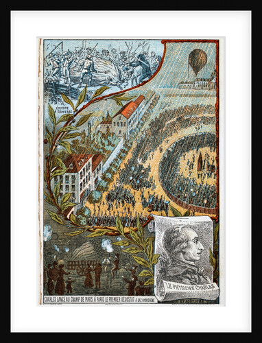 Jacques Charles launches his first aerostat from the Champ de Mars, Paris, 1783 (1890s). by Anonymous