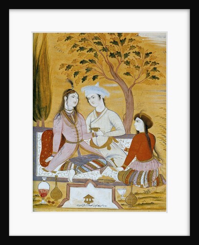 Amorous couple and a servant, 1696. by Mu'in Musavvir