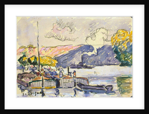 Two Barges, Boat, and Tugboat in Samois, c1900. by Paul Signac