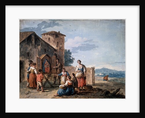 A group of peasants before the tabernacle with the Standing Madonna statue, c1750. by Giuseppe Zais