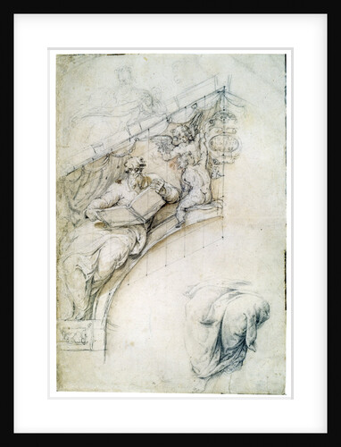 Decoration of a wall over an entrance arch with a Prophet and two Puttos, c1525 by Perino del Vaga