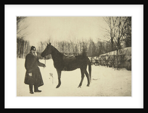 Russian author Leo Tolstoy with a horse, Yasnaya Polyana, near Tula, Russia, 1905. by Sophia Tolstaya