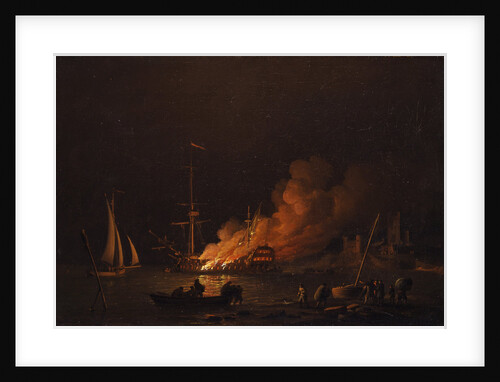 Ship on fire at night, ca 1756 by Charles Brooking
