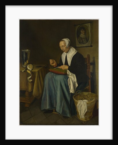 An Old Woman seated sewing, 1655 by Johannes van der Aeck