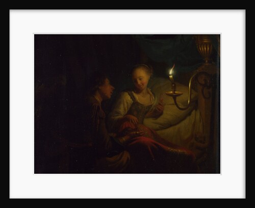 A Candlelight Scene. A Man offering a Gold Chain and Coins to a Girl seated on a Bed, ca. 1665-1667 by Godfried Cornelisz Schalcken