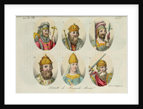 1. Rurik 2. Igor of Kiev 3. Olga 4. Sviatoslav 5. Vladimir the Great 14. Ivan IV (from Il costume antico? by Giulio Ferrario), 1831 by Luigi Giarrè