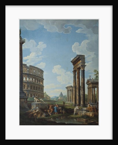 A capriccio with figures among Roman ruins including the Arch of Constantine and the Pantheon by Giovanni Paolo Panini