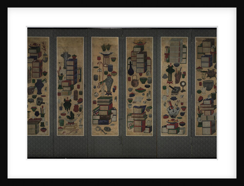 Scholars books and utensils (Chaekkori). Six-section folding screen, Mid of the 19th cen by Anonymous