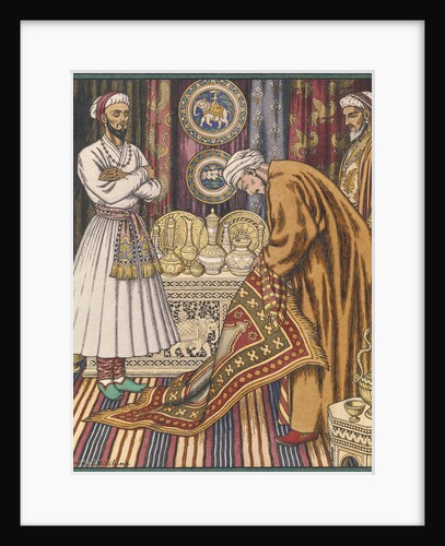 Prince Ali buying a carpet. Illustration for Arabian Fairy Tales by Ivan Yakovlevich Bilibin