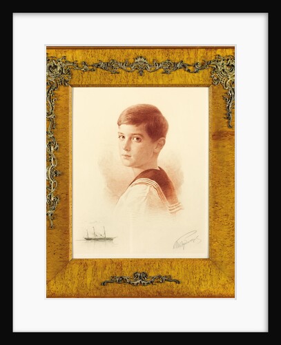 Portrait of the Successor to the throne Tsarevich Alexei Nikolaevich of Russia with a remarque depiction of the Imperial Yacht, 1913 by Mikhail Viktorovich Rundaltsov