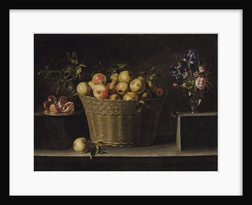 Apples in a wicker basket, an pomegranate on a silver plate and flowers in a glass vase by Juan de Zurbarán