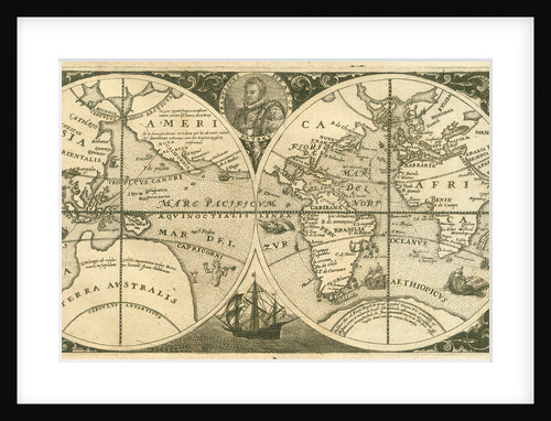 Title page of Americae Pars VIII (with a portrait of Francis Drake and his ship, the Golden Hind), 1 by Theodor de Bry
