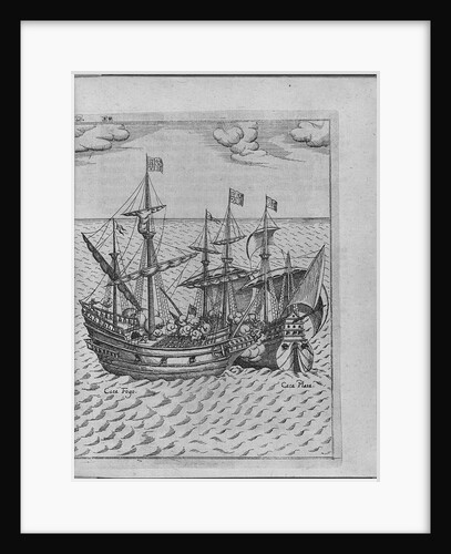Battle between Francis Drakes ship Golden Hind and the Spanish ship Cacafuego. (From Levinus Hulsiu by Anonymous