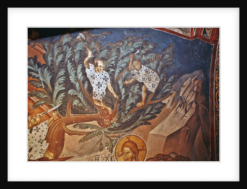 The Entry of Christ into Jerusalem. Detail: Children cutting palm tree branches, 14th century by Master Gerasime