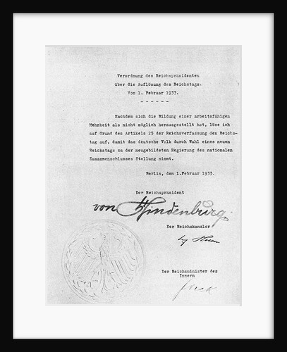 Decree from Hindenburg ordering dissolution of the Reichstag from 1 February 1933 by Historical Document