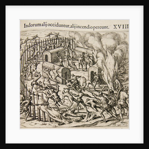 Some Indians are killed, some perish in a fire. by Theodor de Bry