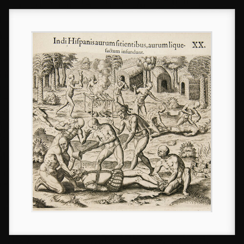 Because the Spanish thirst for gold, the Indians pour liquid gold into them. by Theodor de Bry