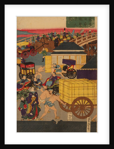 Flourishing Nihonbashi section of Tokyo. (Tokyo Nihonbashi han ei no zu) Triptych by Utagawa Yoshitora