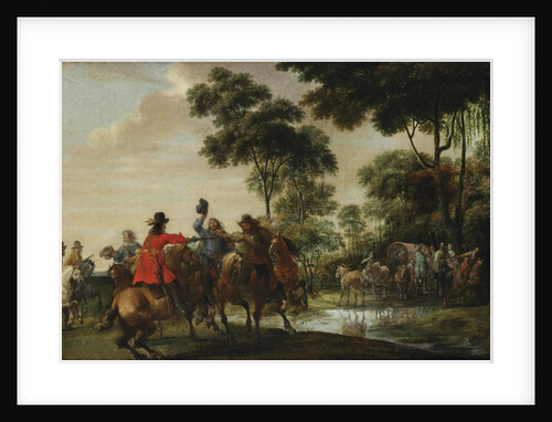 Highwaymen raiding a tilt car by a forest stream by Pieter Snayers