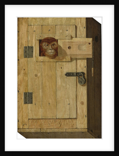 Trompe loeil with a monkey in a wooden box by Jòsef Trajtler