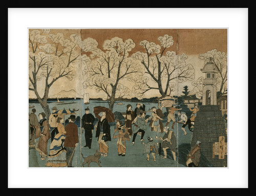 Cherry blossoms in full bloom along Sumida River. (Bokusui tsutsumi hanazakari no zu) by Utagawa Hiroshige