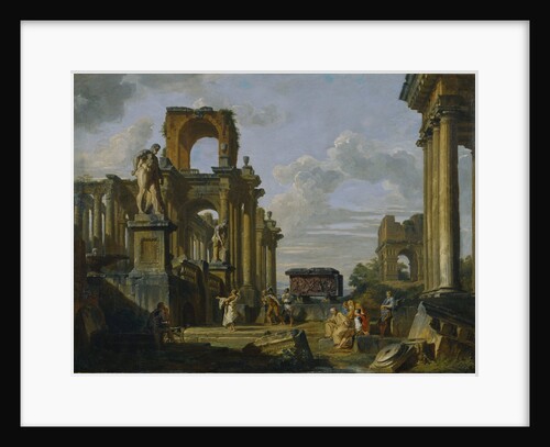 Architectural Capriccio of the Roman Forum with Philosophers and Soldiers among Ancient Ruins by Giovanni Paolo Panini