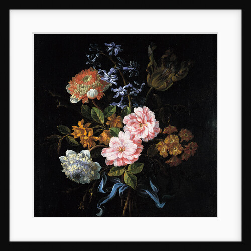 Bouquet of poppy anemones, roses, double campernelle, a hyacinth, a tulip and auricula tied with a b by Jean-Baptiste Monnoyer