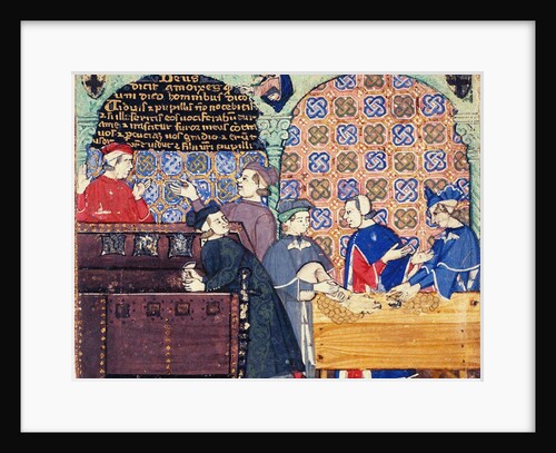 Avarice. A miniature with scenes of banking by Master of the Cocharelli Codex