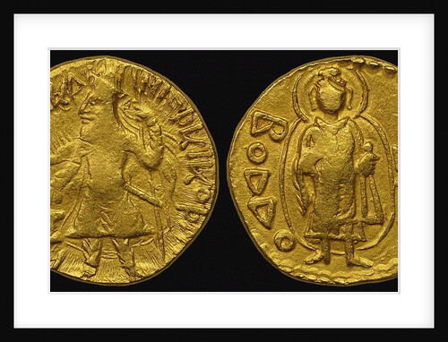 Gold Coin, Kushan. Obverse: Kanishka I. Reverse: in Bactrian script Buddha (boddo) by Ancient Coins Numismatic