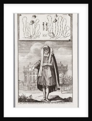 Jewish man, dressed for prayer. On the background the Portuguese Synagogue of Amsterdam by Jan Luyken