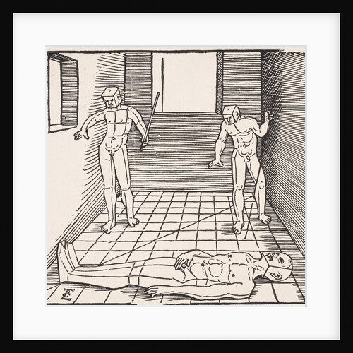 Three male figures in a room by Erhard Schoen