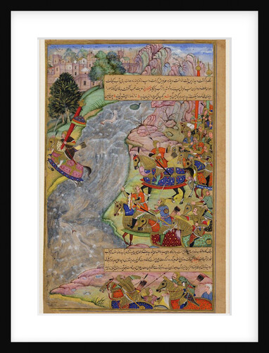 Jalal al-Din Khwarazm-Shah crossing the rapid Indus river, escaping Chinggis Khan and his army, 1597 by Dharm Das