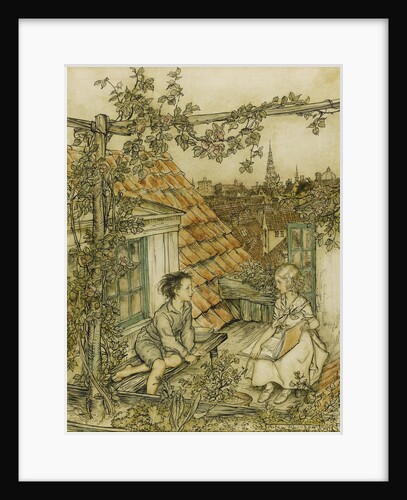 Kay and Gerda in their garden high up on the roof. Illustration for the tale of The Snow Queen, 18 by Arthur Rackham