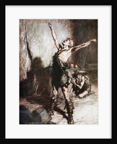 Siegfried forges his sword. Illustration for Siegfried and The Twilight of the Gods by Richard Wag by Arthur Rackham