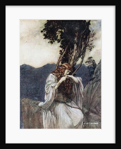 Brünnhilde kisses the ring that Siegfried has left with her. Illustration for Siegfried and The Twi by Arthur Rackham