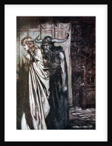 O wife betrayed I will avenge they trust deceived! Illustration for Siegfried and The Twilight of t by Arthur Rackham