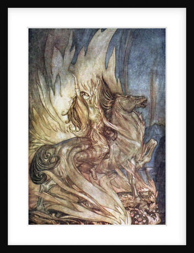 Brünnhilde on Grane leaps onto the funeral pyre of Siegfried. Illustration for Siegfried and The Tw by Arthur Rackham