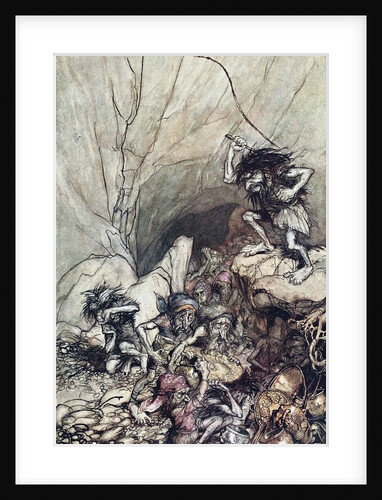 Alberich drives in a band of Niblungs laden with gold and silver treasure. Illustration for The Rhi by Arthur Rackham