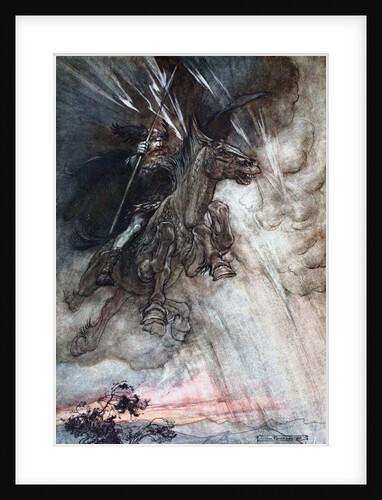 Furiously Wotan is riding to the rock. Illustration for The Rhinegold and The Valkyrie by Richard by Arthur Rackham