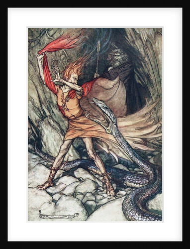 Ohe! Ohe! Terrible dragon, oh, swallow me not! Illustration for The Rhinegold and The Valkyrie by by Arthur Rackham