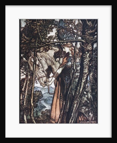 Brünnhilde leads her horse by the bridle. Illustration for The Rhinegold and The Valkyrie by Richa by Arthur Rackham