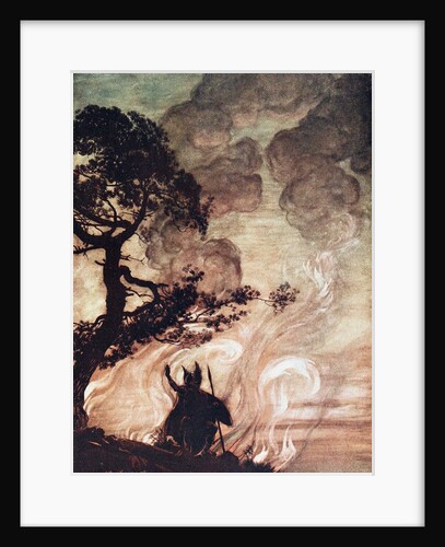 Wotan turns and looks sorrowfully back at Brünnhilde. Illustration for The Rhinegold and The Valkyr by Arthur Rackham