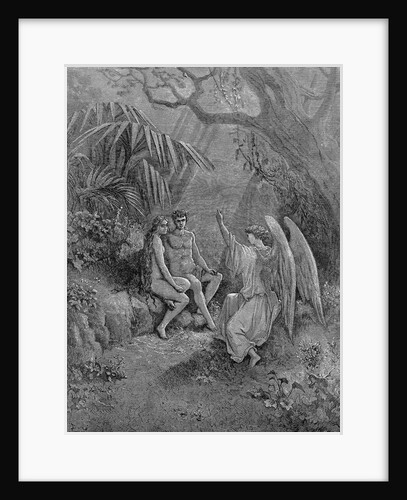 Raphael talks to Adam and Eve. Illustration for John Miltons Paradise Lost, 1866 by Gustave Doré