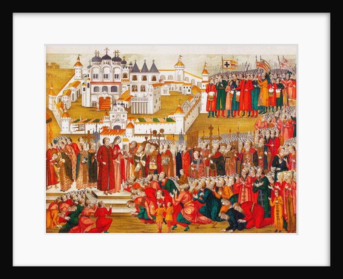 A crowd at the Hypatian Monastery imploring Mikhail Romanovs mother to let him go to Moscow and bec by Artamon Sergeevich Matveyev