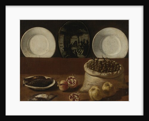 Still life with plates, a sack filled with olives, game, pomegranates, and quince by Paolo Antonio Barbieri