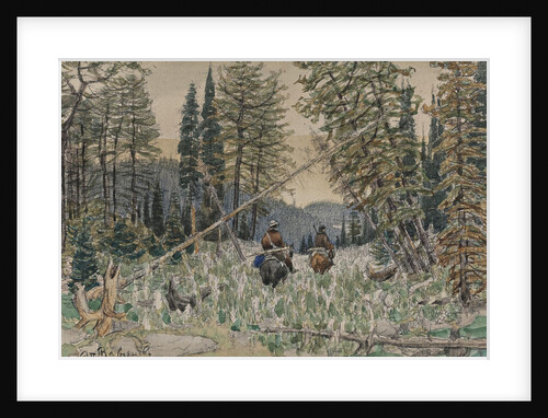 Hunters on horseback in a pine forest by Appolinari Mikhaylovich Vasnetsov