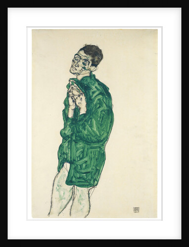 Self-portrait in green shirt with eyes closed, 1914 by Egon Schiele
